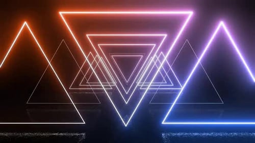 Dynamic neon triangles illuminate dark space, creating vibrant modern atmosphere.
