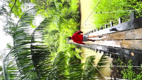 backpackers in red jacket walking alone in deep forest jungle trekking path suspension bridge explor
