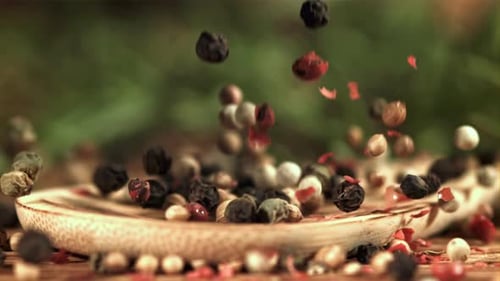 Falling Peppercorns on Wooden Spoon