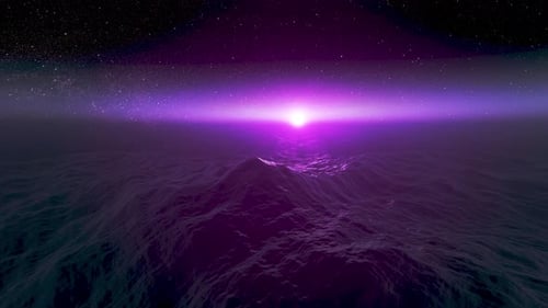 Alien world with ocean and purple sun reflected in the water