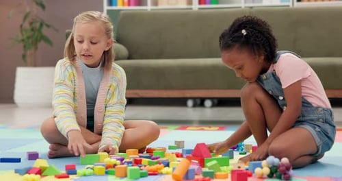 Building blocks, playing and kids on floor in home for cognitive development or creativity