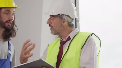 Engenheiros usando o plano de projeto, discutindo e trabalhando