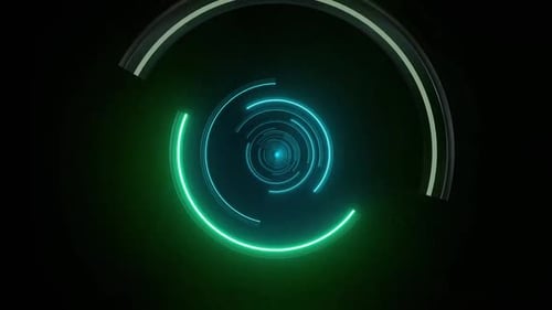Lebendige Neonkreise, die sich auf schwarzem Hintergrundvideo nach innen drehen