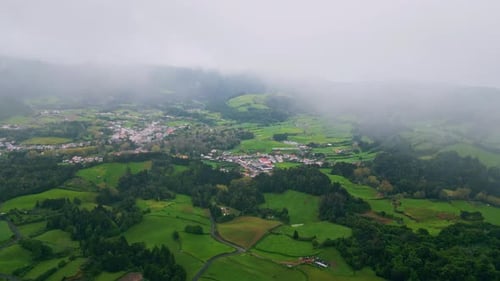 Fog Blowing Green Hills Landscape Drone View Countryside Slopes Environment
