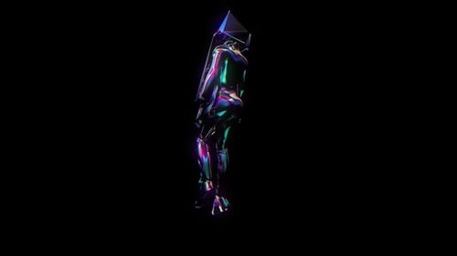 _Animación_ 3D, pirámide, _mujer_, girando, _caminando_, _material iridiscente alpha\_loop_