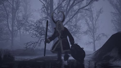 Krampus Stalks Forest with Bag of Naughty Children