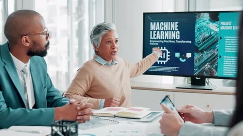 Ai, business people and team presentation on screen in meeting for coaching in office
