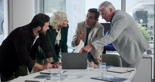 Meeting, group and colleagues with laptop, boardroom and discussion for global trade with tech