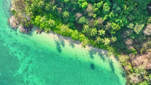 Aerial view from a drone over a beach in a beautiful tropical sea. 4K.