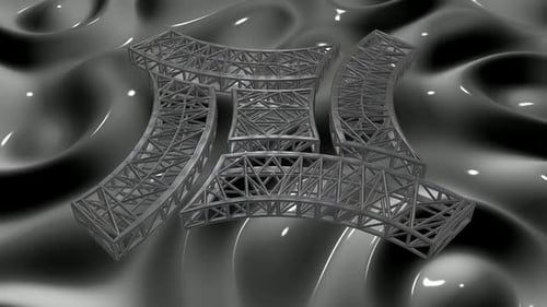Rotating 3D Metallic Truss Structure on Abstract Fluid Background Loop