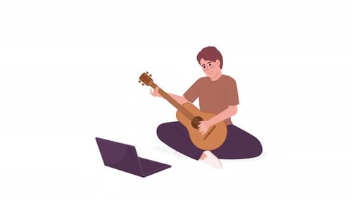 Flat Design Animation of Man Playing Guitar with Laptop