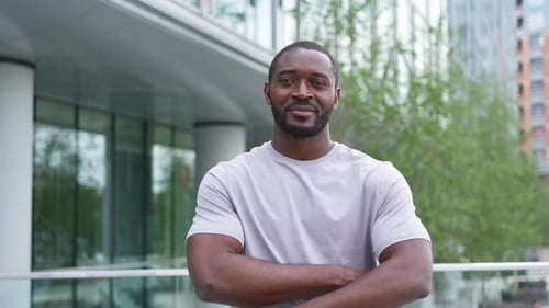 Happy African American Man Smiling Outdoor Portrait of Young Happy Man on Street in City Cheerful