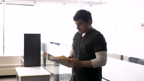 Portrait Confident Male Nurse with Medical Record in Clinic Adult