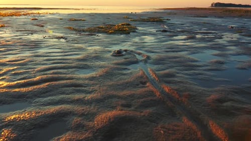 Wellenförmiger Sandboden des Meeres nach Ebbe, beleuchtet vom orangefarbenen Licht der untergehenden Sonne