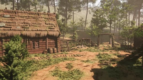 Immersive Camera Pan Through a Rustic Forest Village
