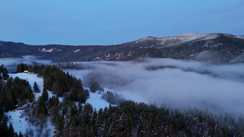 Aerial Twilight Flight Over Dark Snowy Forest Valley with Low Clouds in Winter Mountain Landscape