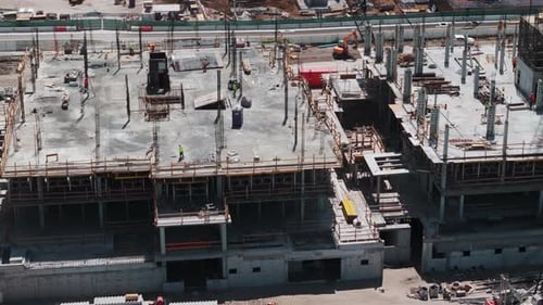 Construction Site Construction of a Large Complex Using Cranes Aerial Shot