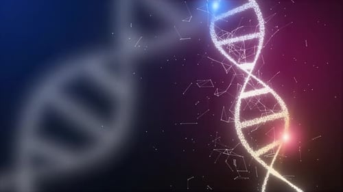 Digital DNA Helix Animation with Glowing Particles and Network Connections