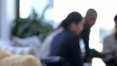 Business meeting, motivation video on laptop or team building in office for collaboration