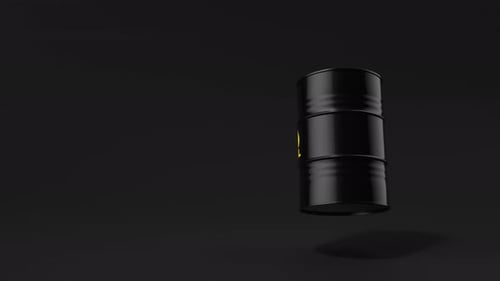 Single Black Metal Oil Barrel Rotating on Black Background Front View Oil Industry Concept 3d Render