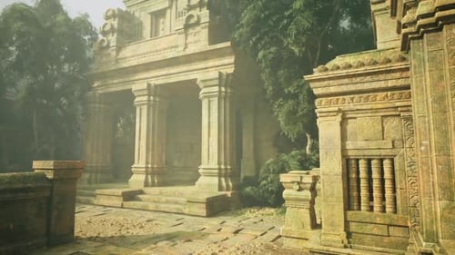 Ruins of Old Stone Temple Surrounded By Lush Greenery and Mysterious Shadows
