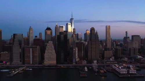 Aerial view of a quiet morning on the east side of lower Manhattan, New York, USA