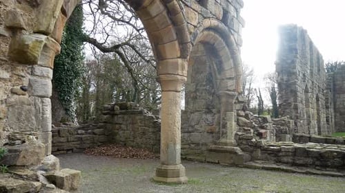 Ancient Basingwerk abbey abandoned historical landmark building arched stone walls dolly left