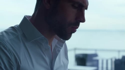 Confident Man Having Delicious Dinner in Premium Sky Bar Profile. Successful Manager