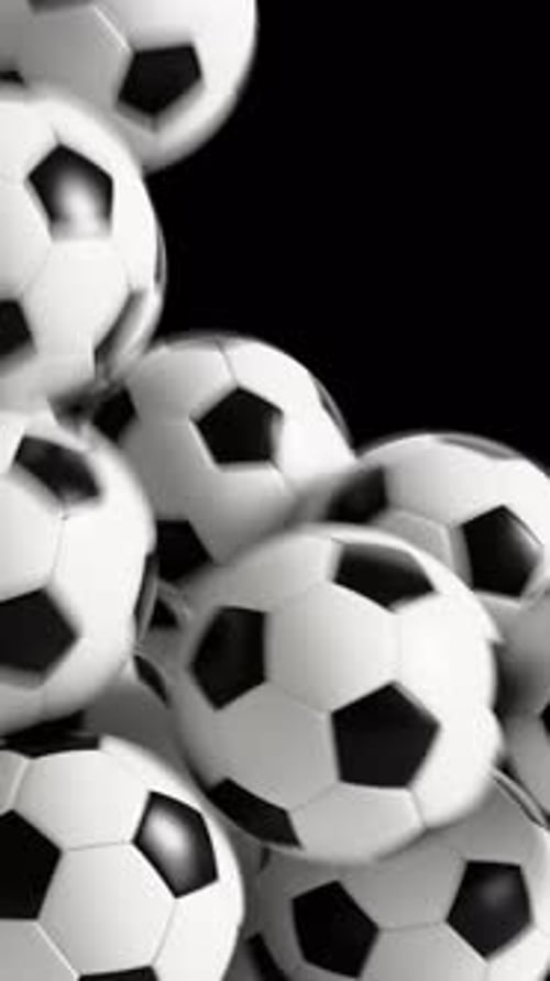 Falling Soccer Balls Vertical Drop Transition Animation with Alpha Channel. 3D rendering