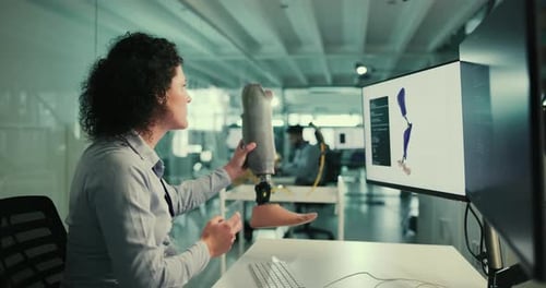 Labor, Entwicklung und Frau am Computerbildschirm mit Beinprothese, Codierung