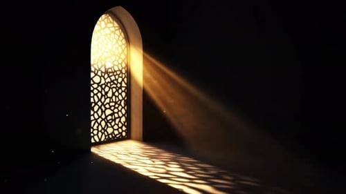 Fondo islámico del Ramadán, luz radiante que emana de un arco islámico