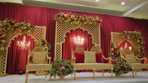 Element of Red Color Interior of a Wedding Hall Decoration Wide Shot