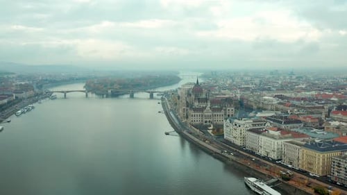 Cloudy cityscape of Budapest city in Hungary with Danube river