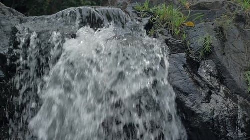 Closeup Slow Motion Shot of Small Waterfall in the Tropical Rainforest Jungle of Philippines Small