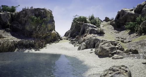 Serene Coastal Landscape with Rocky Formations and Clear Water Under Bright Sky
