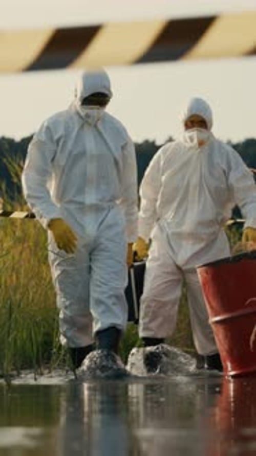 Workers in Hazmat Suits Walking Through Water
