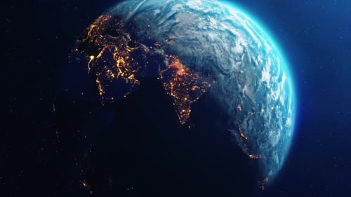 Dynamic Rotating Earth with Glowing City Lights in Space