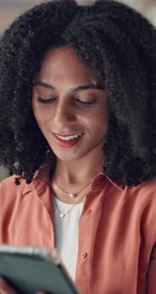 Business woman, tablet and thinking in office for creative agency, editing and manuscript