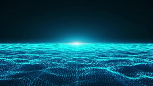 Blue abstract digital particle waves with sunset background