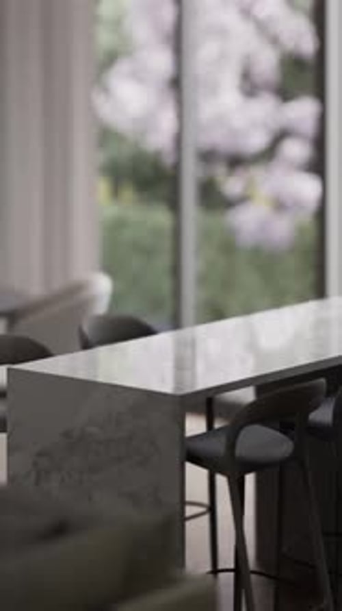 House interior design detail, modern clean living room, dining table close-up shot