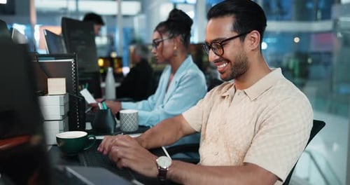 Computer, smile and typing with programmer at desk in office as graphic designer for software