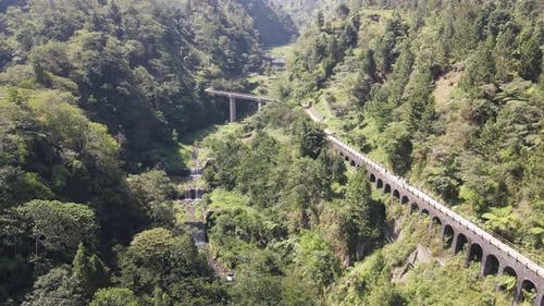 Drohnenaufnahme einer Brücke mitten im Wald in Plunyon, Yogyakarta, Indonesien