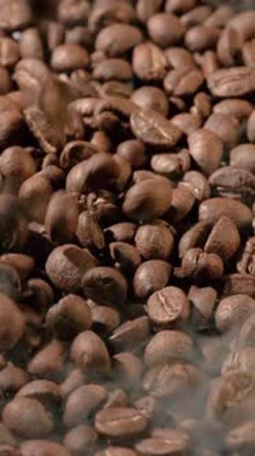Vertical slow motion of roasted coffee beans falling.