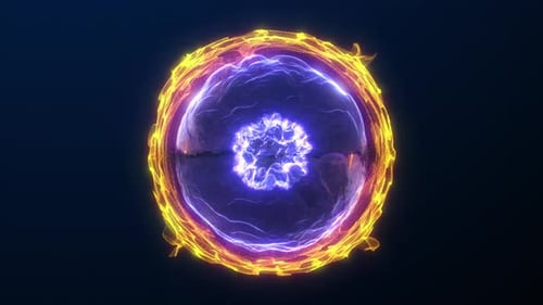 Abstrakte futuristische fließende orange Plasmakugel mit violettem beweglichem Kern