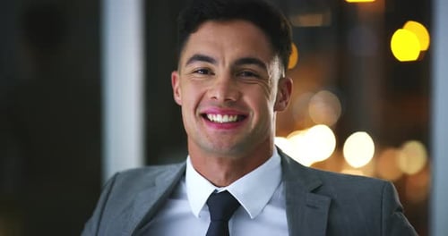 Face, happy and business man in office, confident and corporate worker in workplace at night