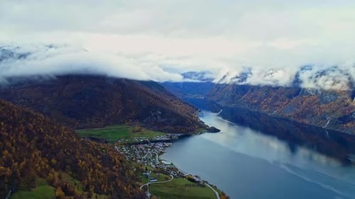 Dramatic Mountain Scenery With Low Clouds During Autumn In Aurlandsfjord, Vestland County, Norway. w