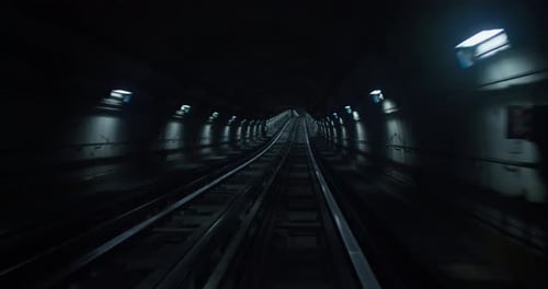 Vue de la cabine avant d'une rame de métro sans conducteur traversant un tunnel souterrain