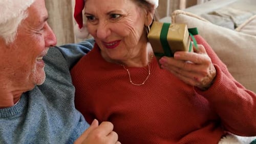 Elderly Couple Exchanging Christmas Gift at Home