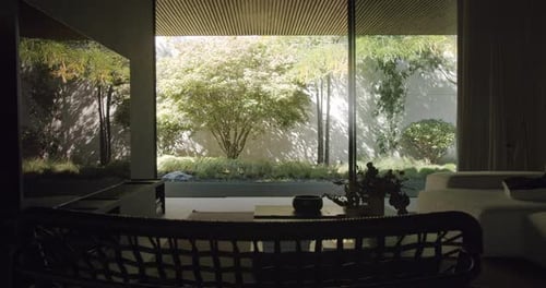 Luxury Apartment with Glass Wall and View on Garden Backyard