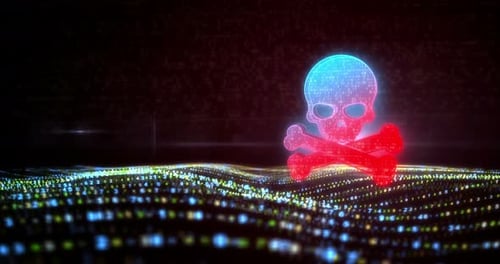 Digital Holographic Skull and Crossbones with Waving Data Stream